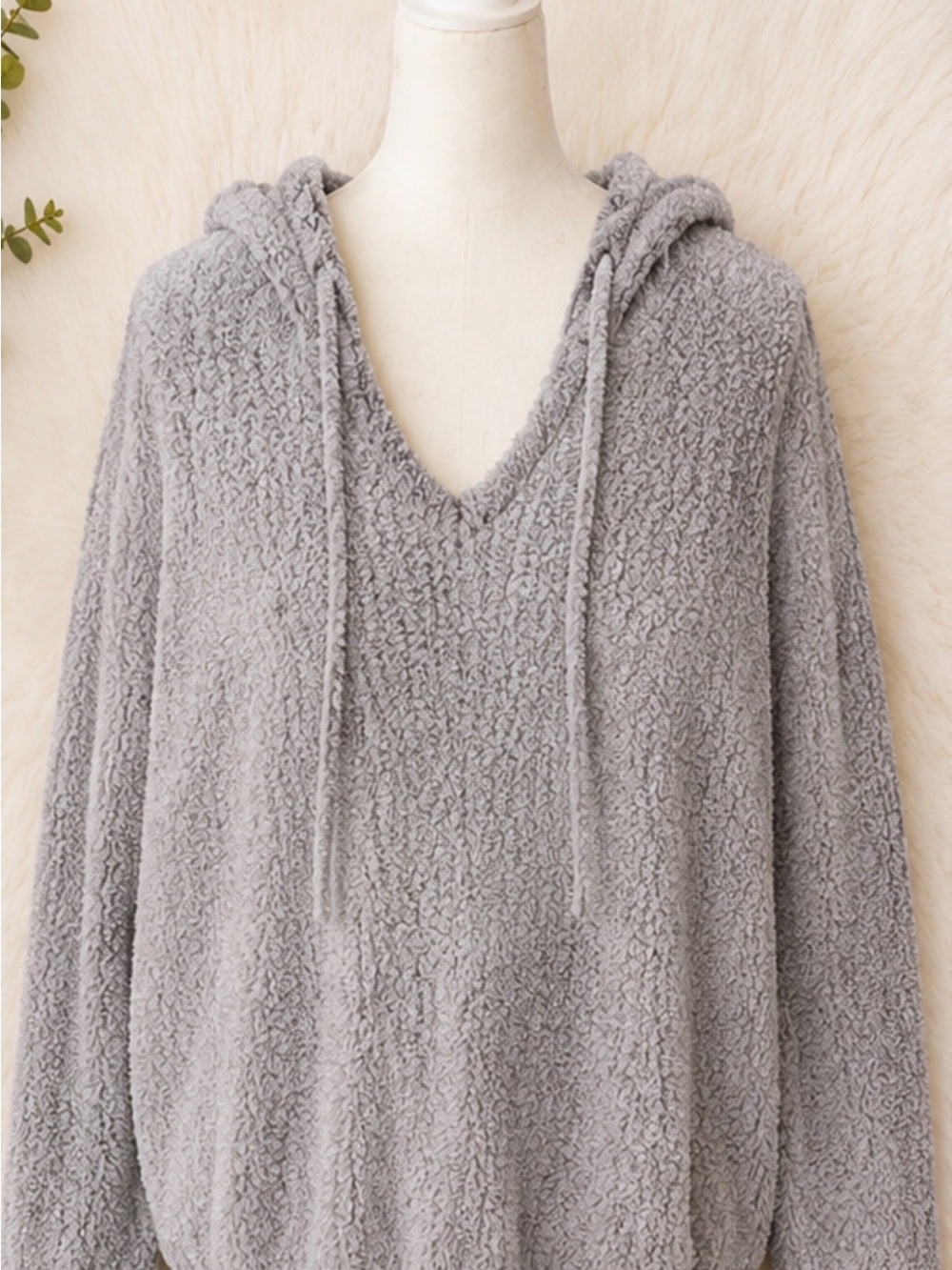 LOFT Outlet Cozy Sherpa Hooded Pullover Sweater | Gray Plush Hoodie XL